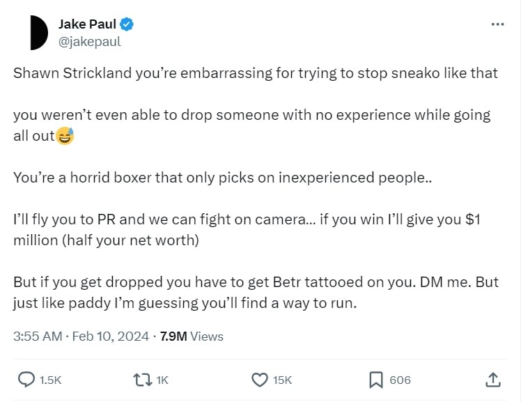 Jake Paul challenged Sean Strickland to a $1 million spar  