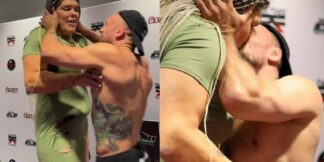 Craig Jones forcefully kisses Gabi Garcia at the intergender pre-fight faceoff  