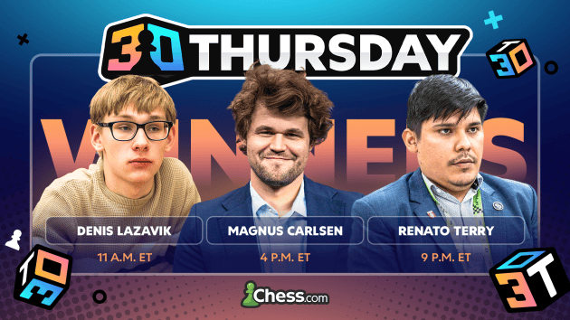 Lazavik, Carlsen, Terry Win Thursday 3 0  