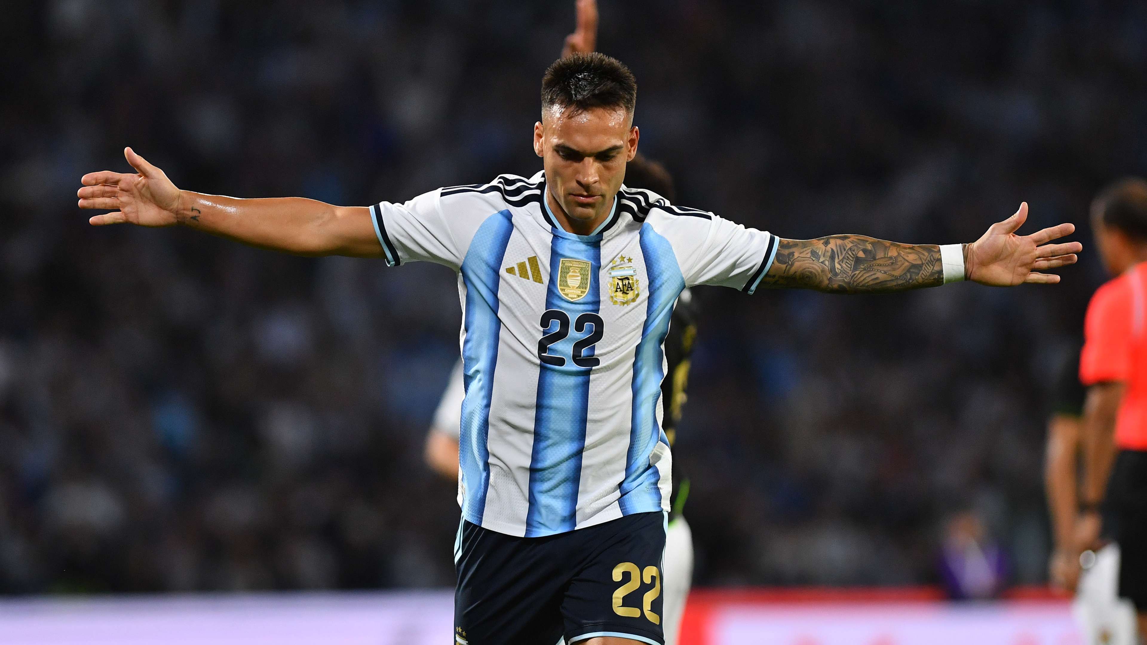 Lautaro Martinez reacts to scoring opener in Argentina win  